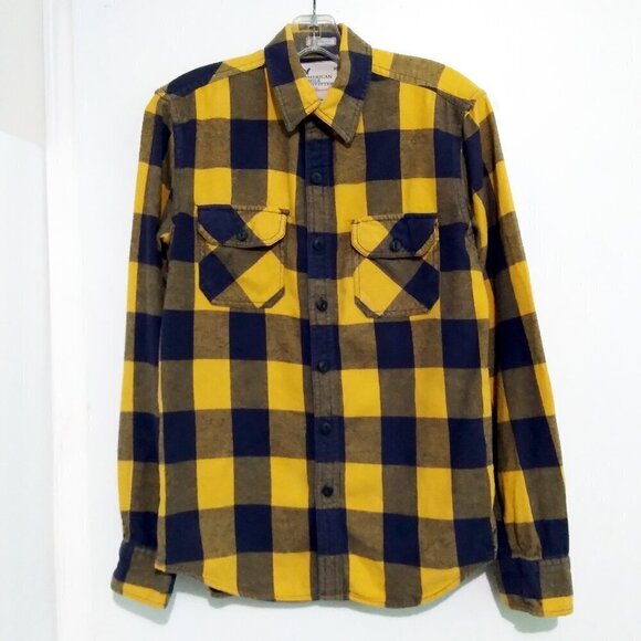 AE Flannel No 77 Men's Yellow & Black  Windowpane Flannel Shirt Sz S/P - Picture 6 of 6